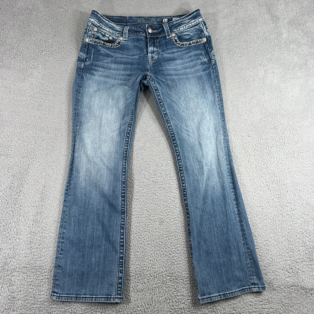 Miss Me Jeans Womens 31 Easy Boot Mid Rise Embellished Rhinestone Blue Denim